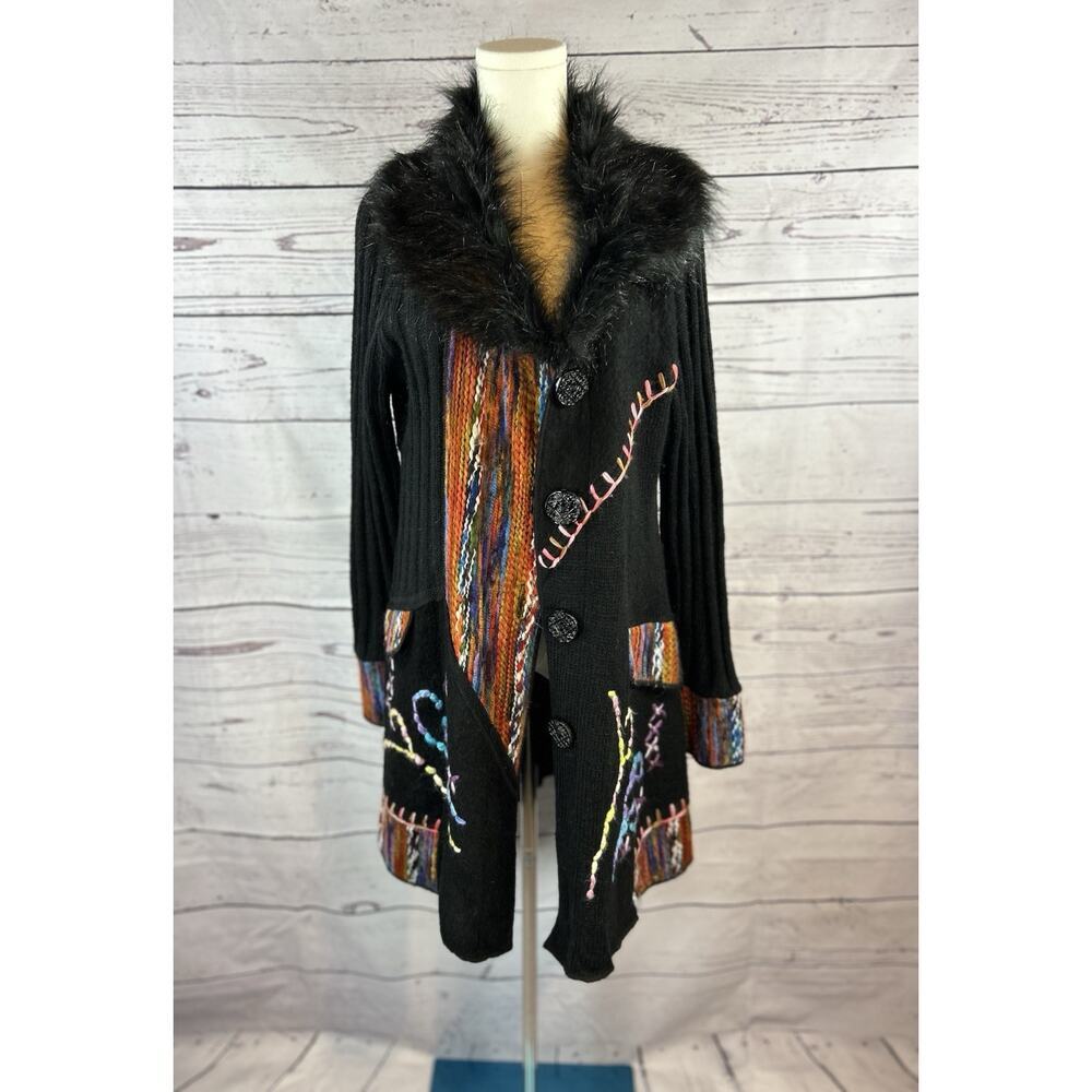 Sioni Multi Knit Cardigan Sweater Women L Patchwork Faux Fur Collar Boho